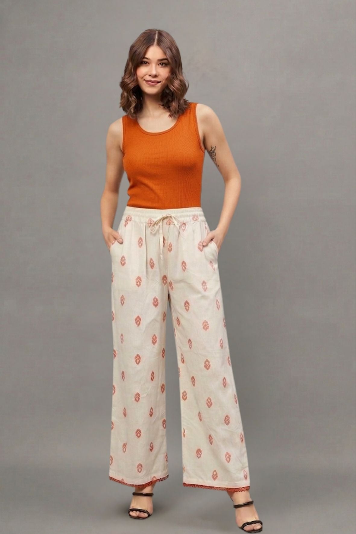 Ivory Rust Buti Print Cotton Palazzo