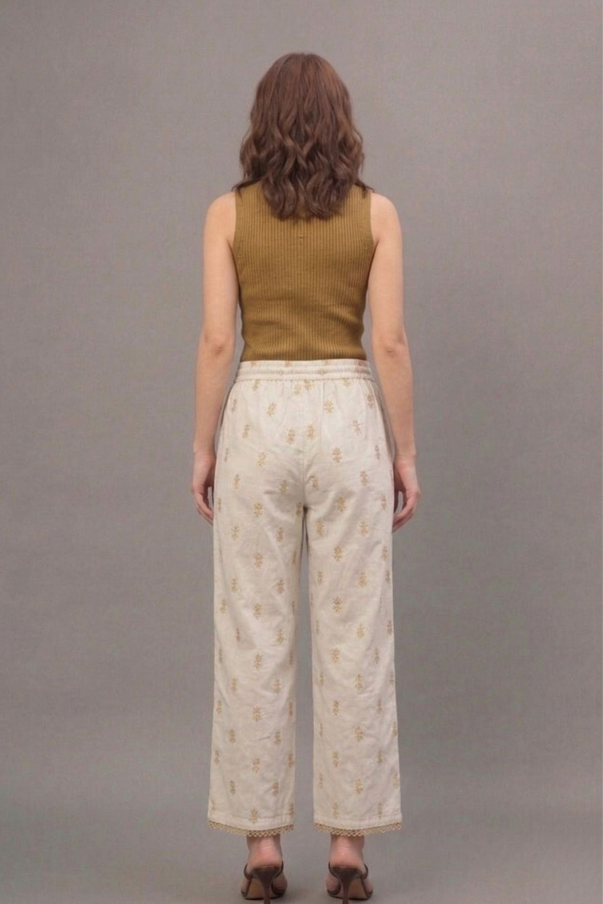 Ivory Beige Leaf Print Cotton Lace Palazzo