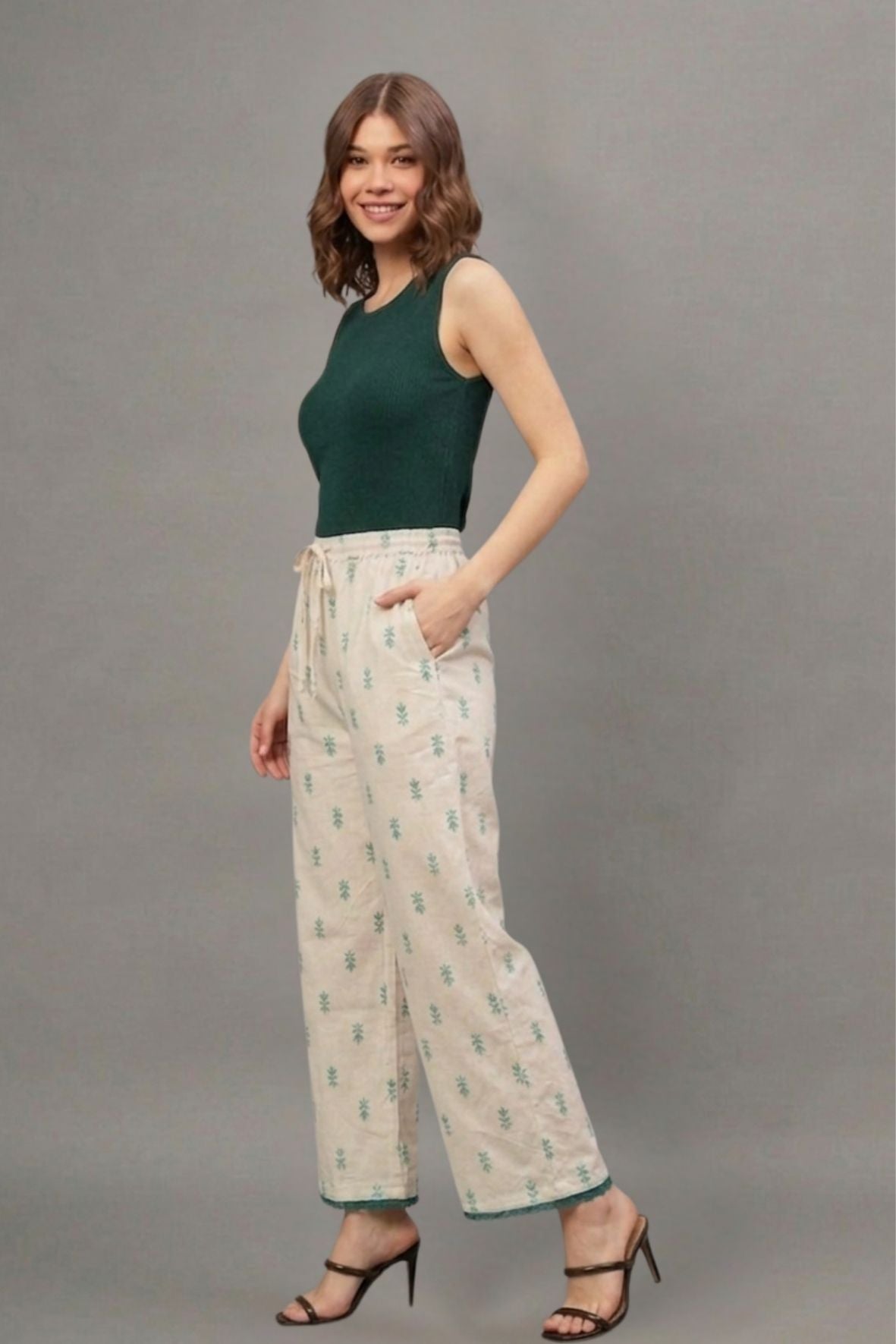 Ivory Sage Green Buti Cotton Lace Palazzo