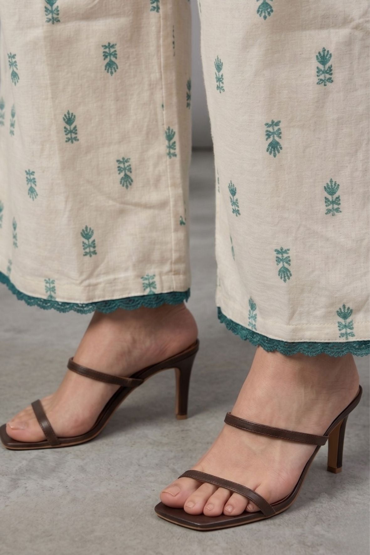 Ivory Sage Green Buti Cotton Lace Palazzo
