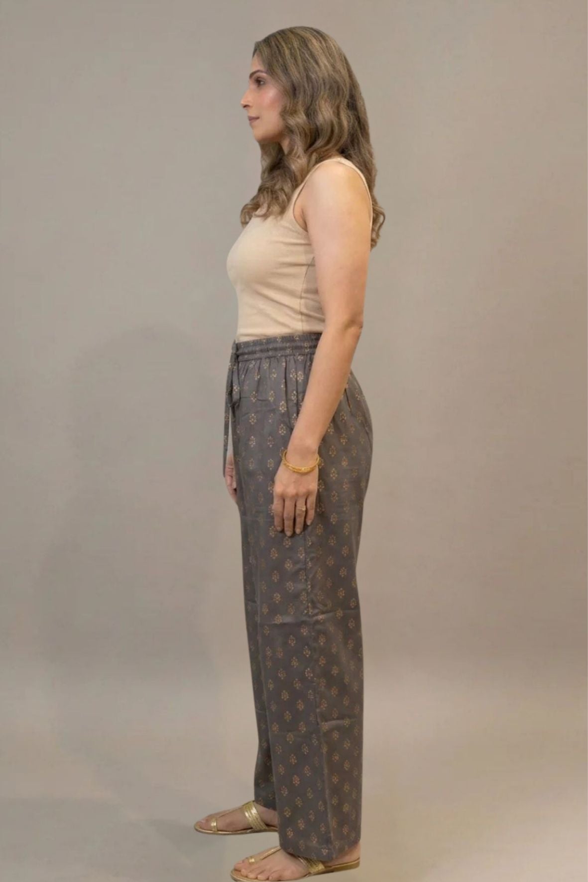Grey & Gold Ethnic Buti Printed Palazzo