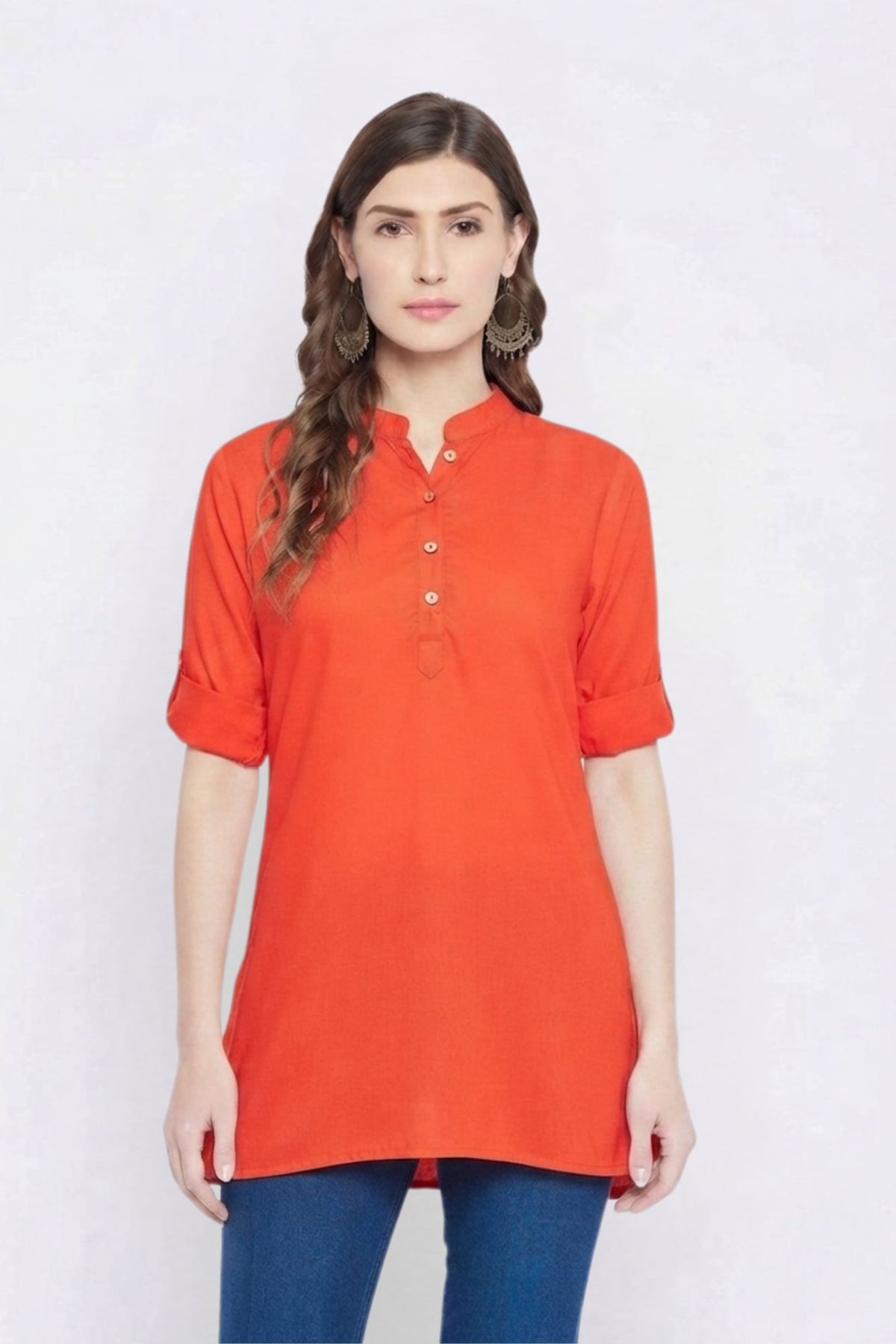 Dark Orange Solid Coloured Short Kurti - 32"Length