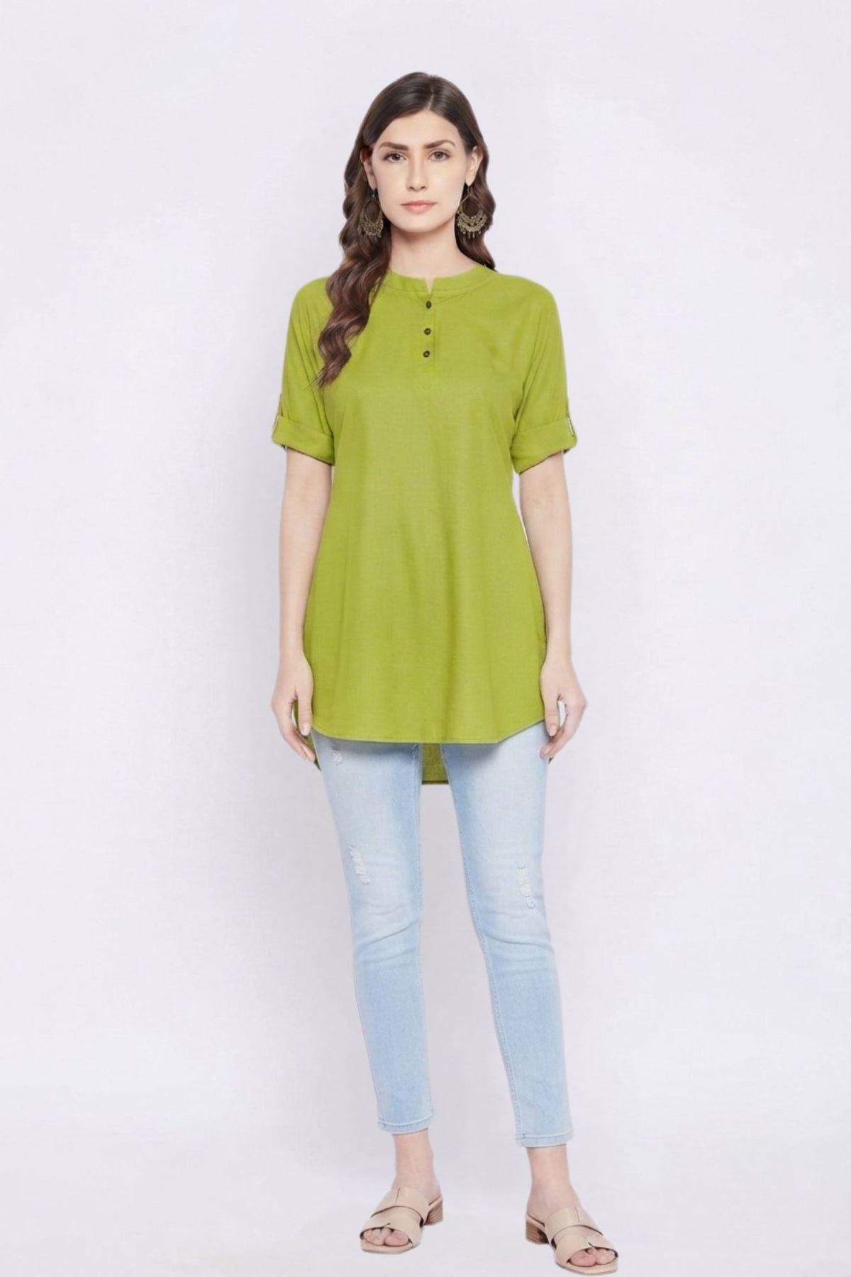 Green Solid Coloured Short Kurti - 32" Length