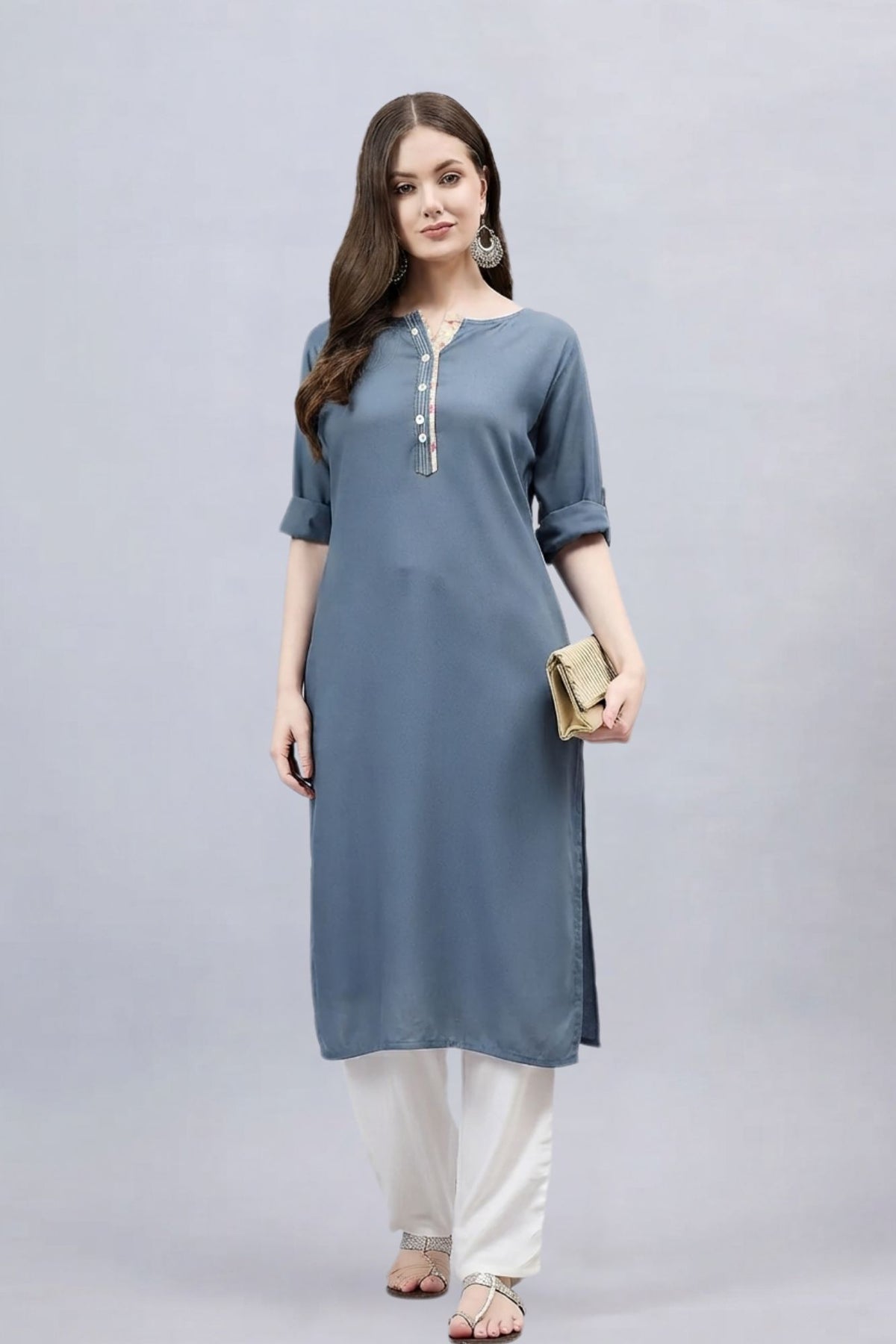 Dark Grey Round Neck Straight Fit Rayon Kurti