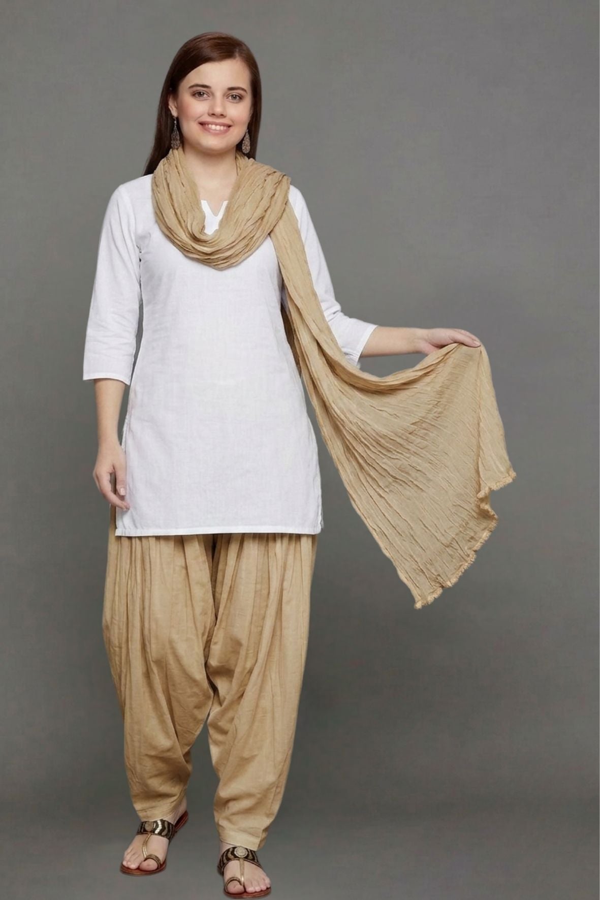 Fawn Cotton Plain Patiala with Dupatta