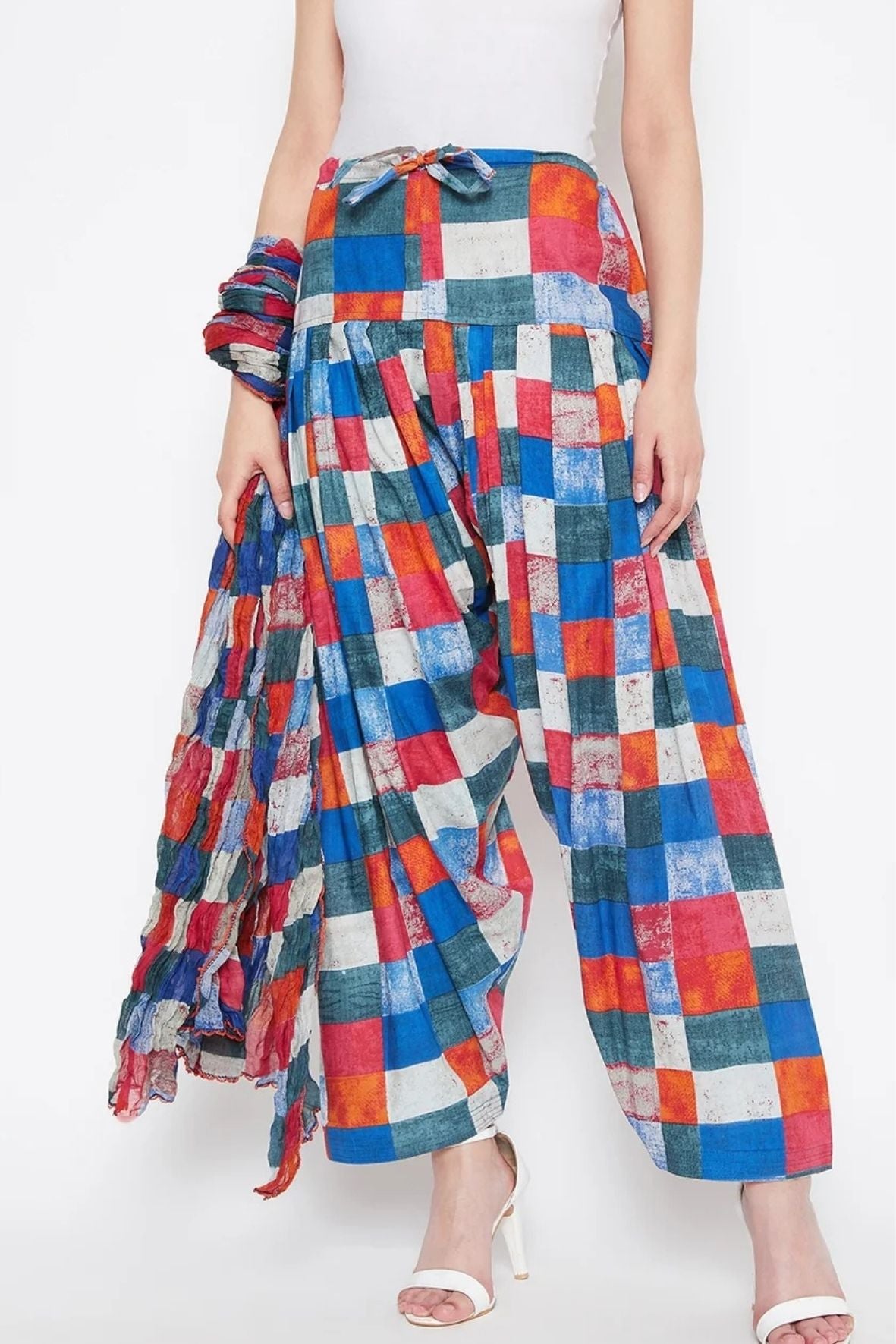 Multicolour Checks Printed Cotton Patiala with Dupatta