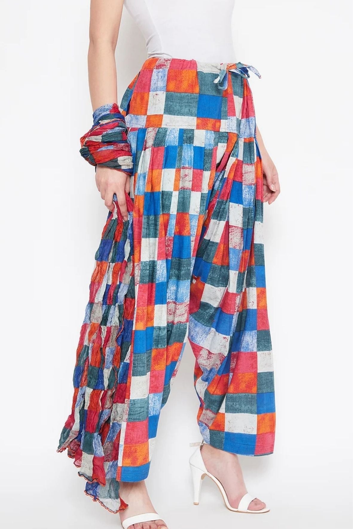 Multicolour Checks Printed Cotton Patiala with Dupatta