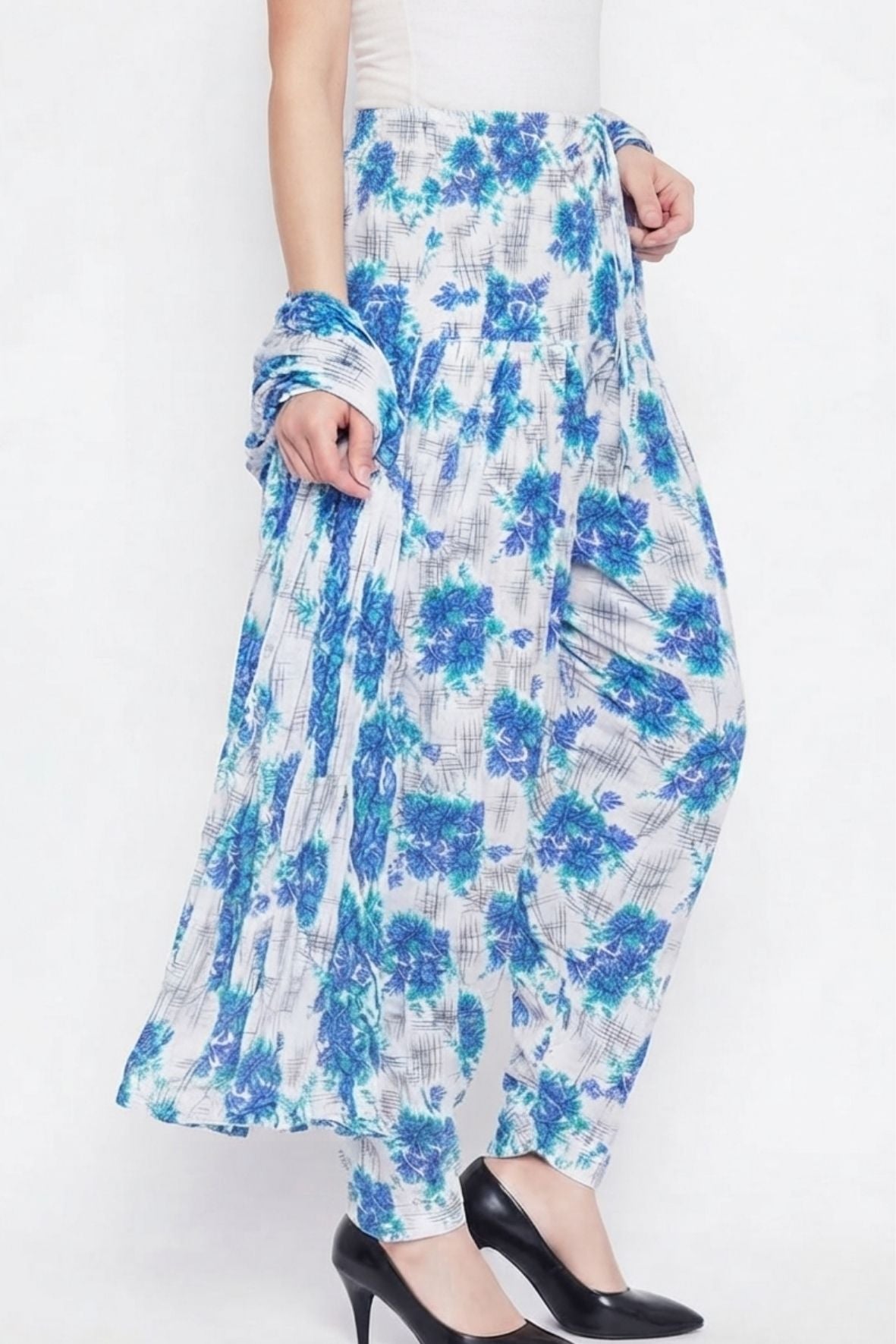 Blue Floral Printed Cotton Patiala with Dupatta