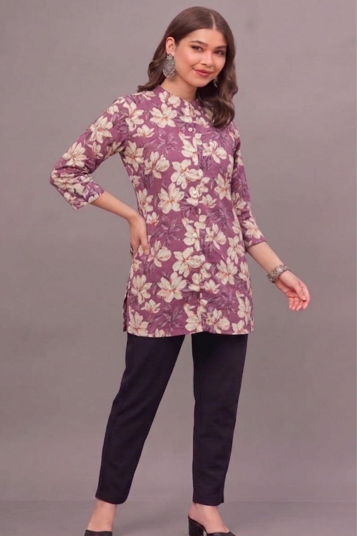 Mauve Floral Cotton Printed Short Kurti