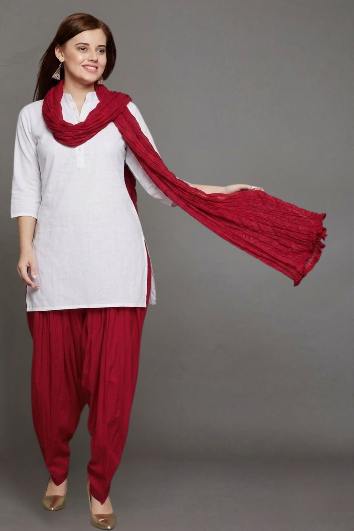Red Cotton Plain Patiala with Dupatta