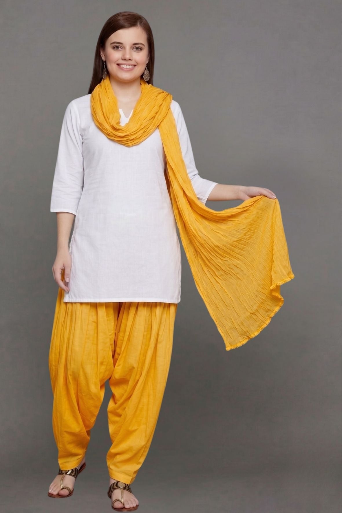 Yellow Cotton Plain Patiala with Dupatta
