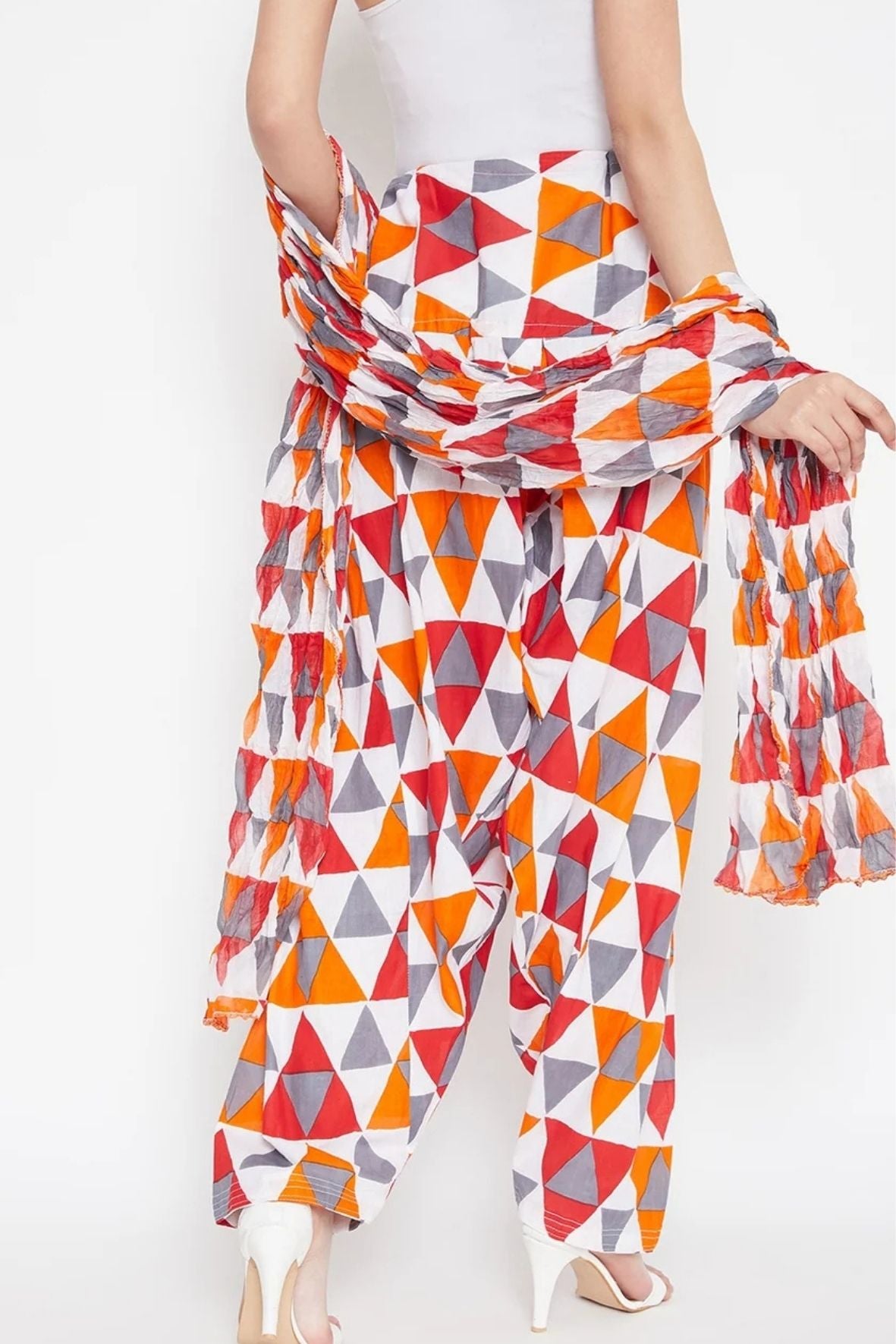 Multicolour Geometric Pattern Printed Cotton Patiala with Dupatta