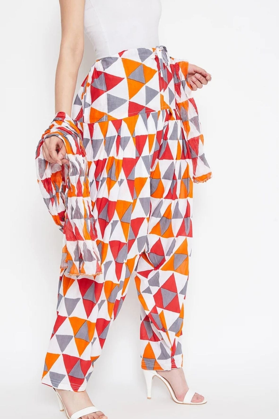 Multicolour Geometric Pattern Printed Cotton Patiala with Dupatta