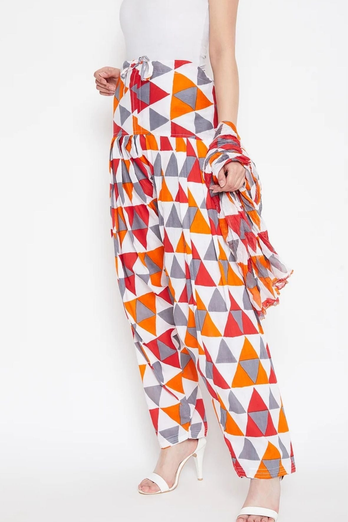 Multicolour Geometric Pattern Printed Cotton Patiala with Dupatta