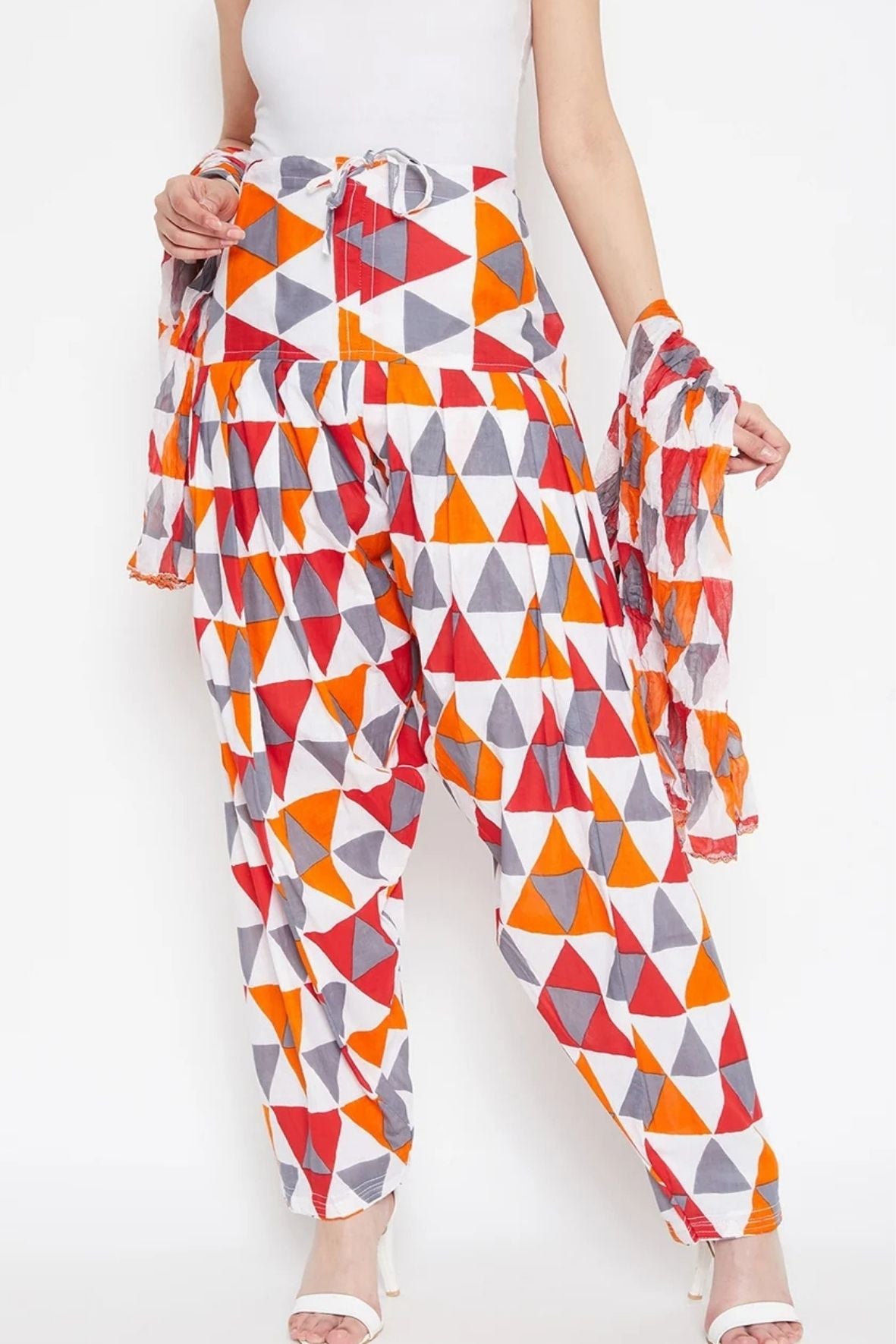 Multicolour Geometric Pattern Printed Cotton Patiala with Dupatta