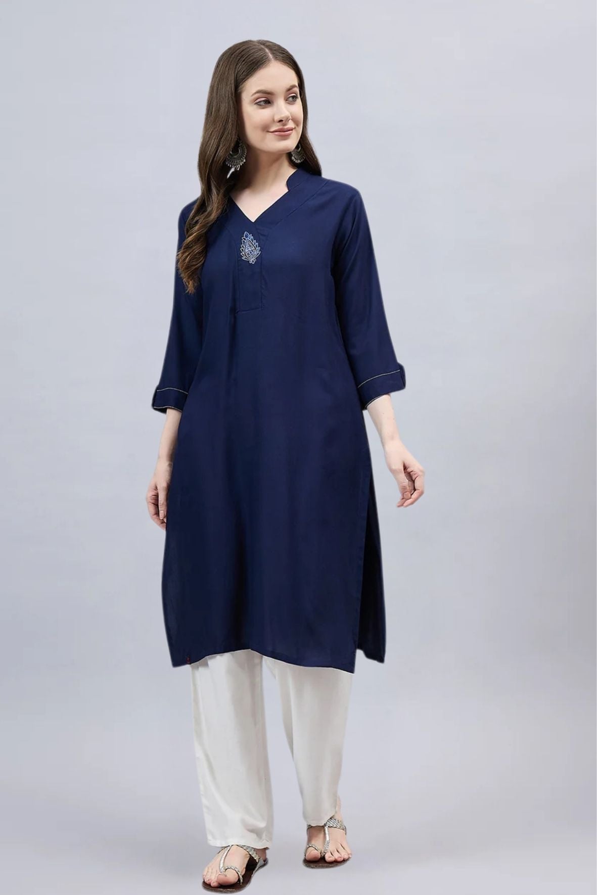 Navy Blue V-Neck Straight Fit Rayon Kurti