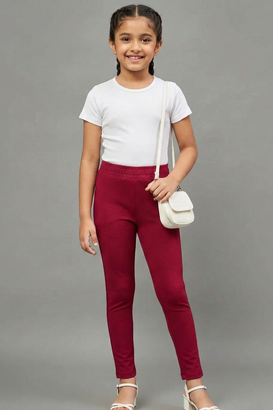 Girls Maroon Colour Straight Pant