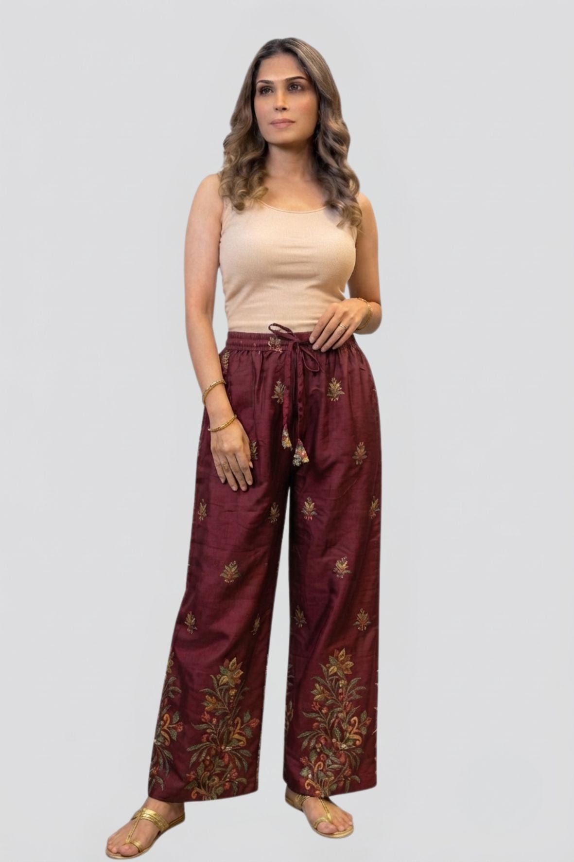 Maroon Heritage Floral Border Printed Palazzo