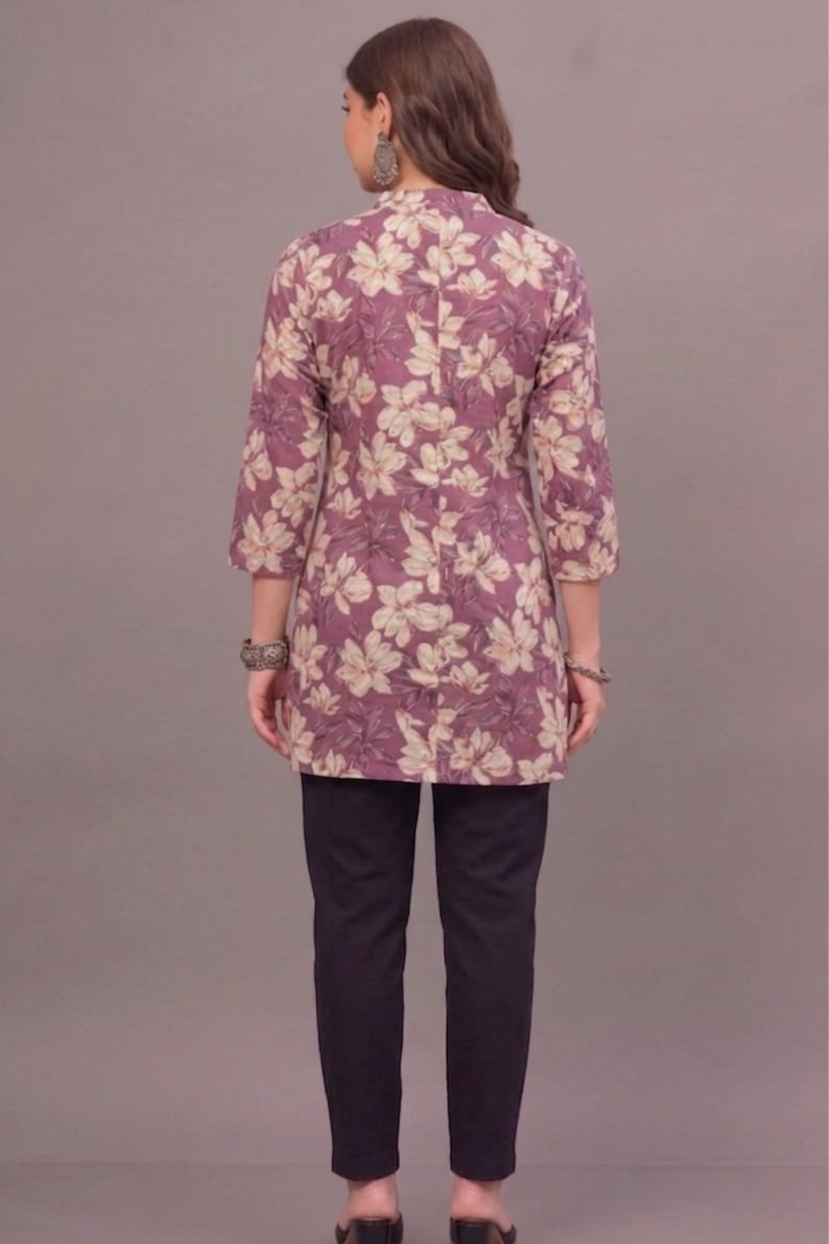 Mauve Floral Cotton Printed Short Kurti