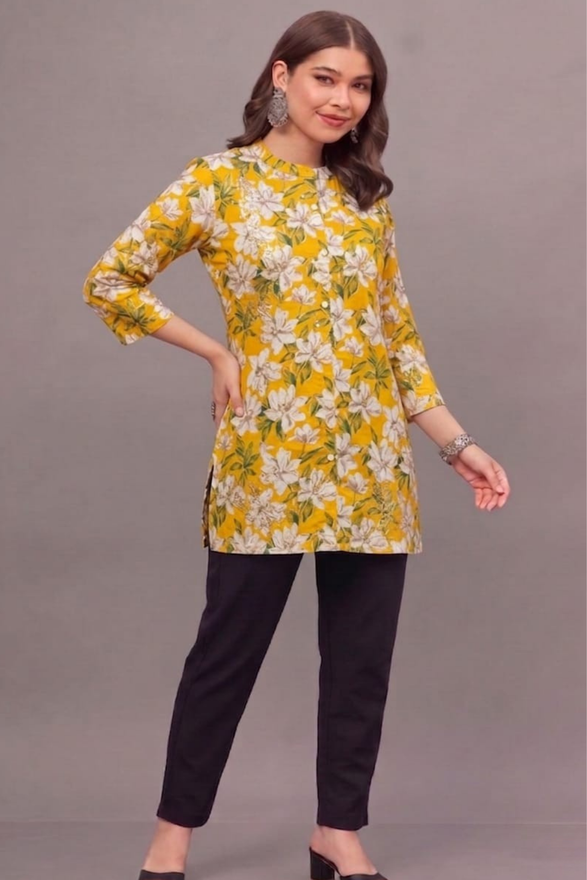 Yellow Blossom Short Printed Kurti