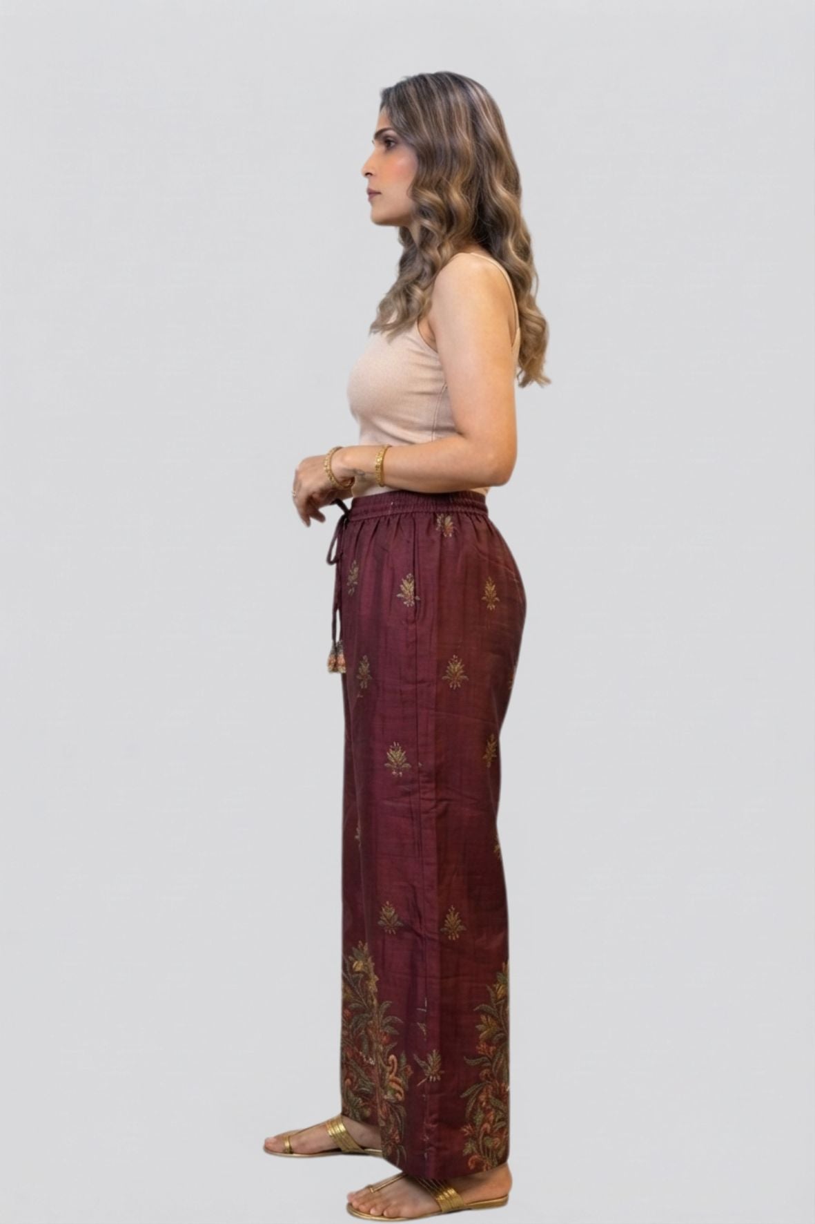 Maroon Heritage Floral Border Printed Palazzo