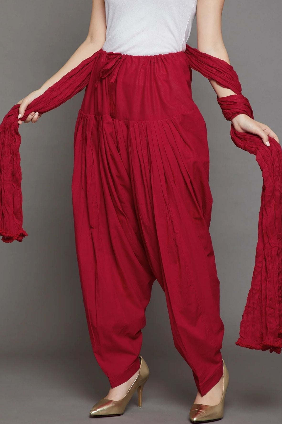 Red Cotton Plain Patiala with Dupatta