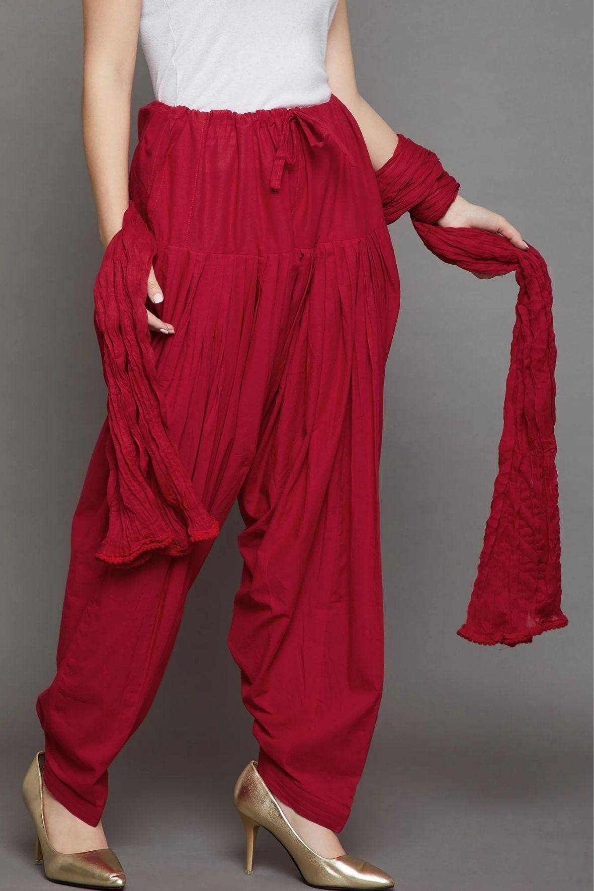 Red Cotton Plain Patiala with Dupatta