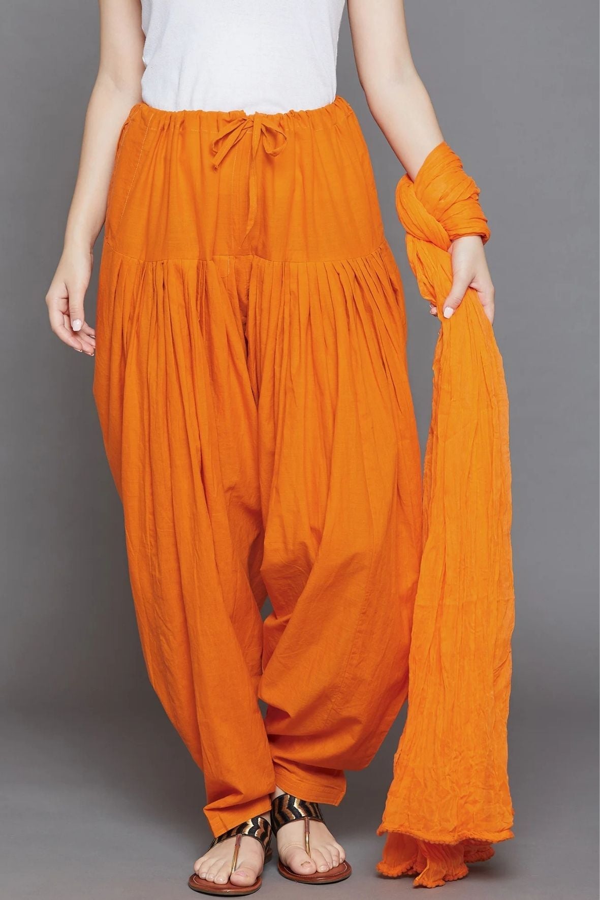 Orange Cotton Plain Patiala with Dupatta