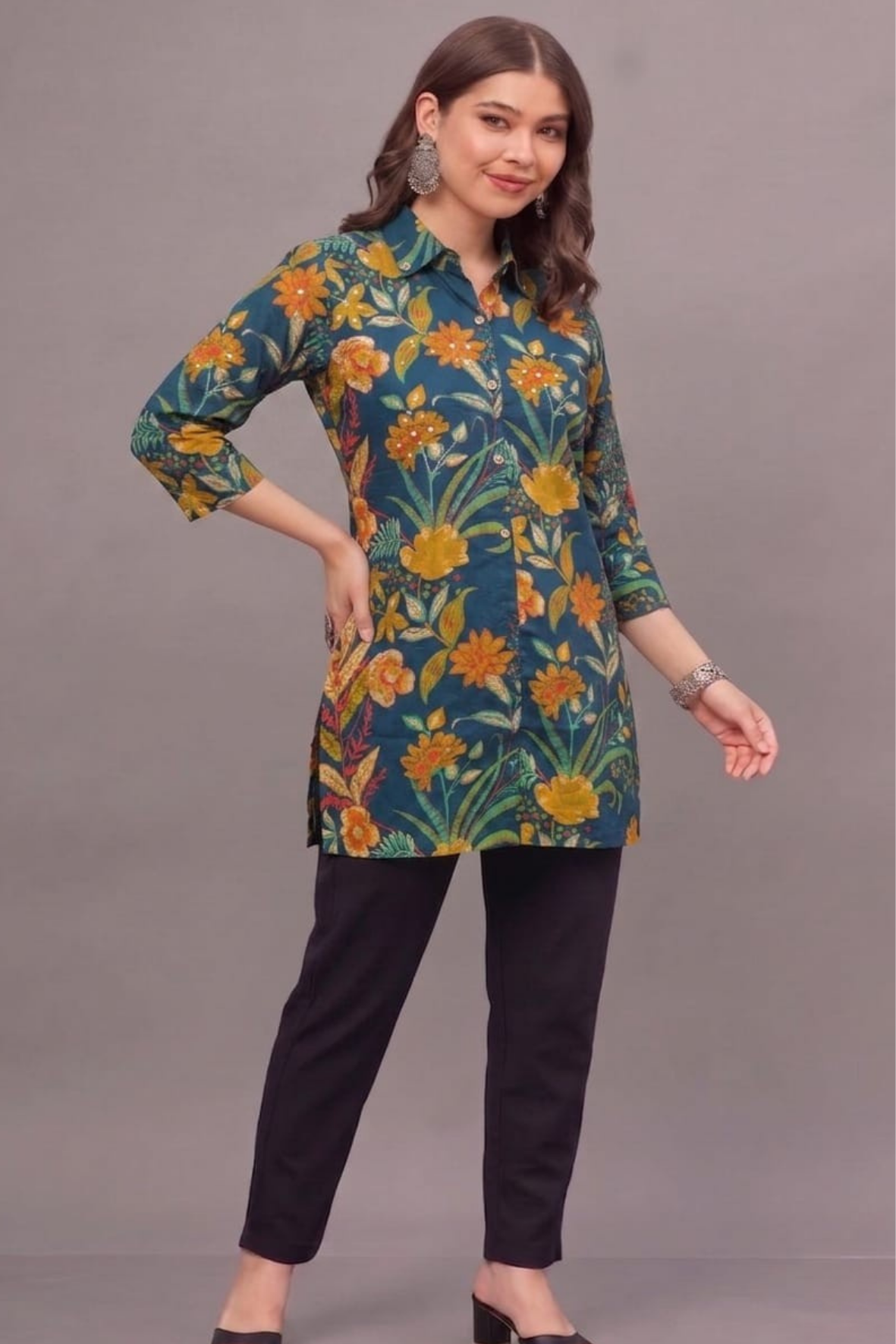 Teal Bloom Short Printed Kurti