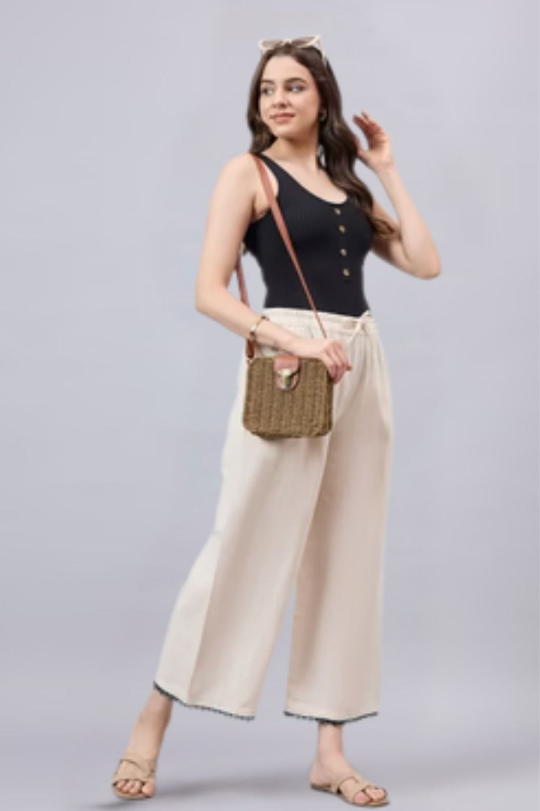 Cotton Palazzo With Dark Green Lace Detailing