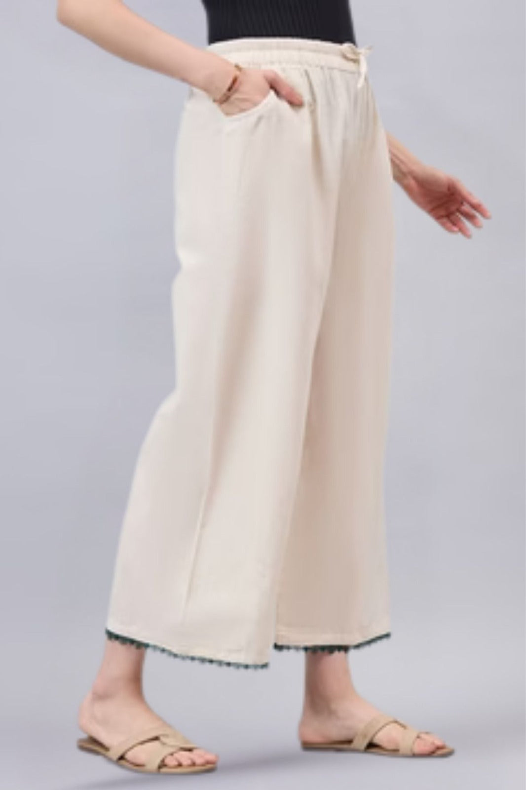 Cotton Palazzo With Dark Green Lace Detailing