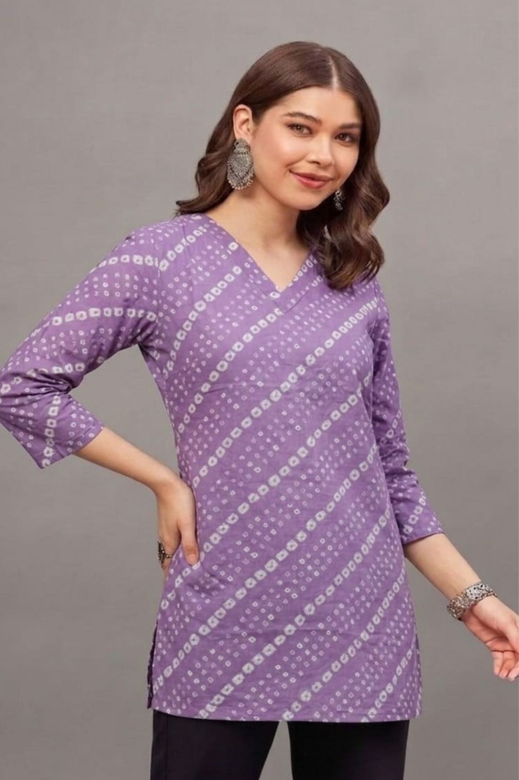 Cotton Purple bandhani Printed short kurti