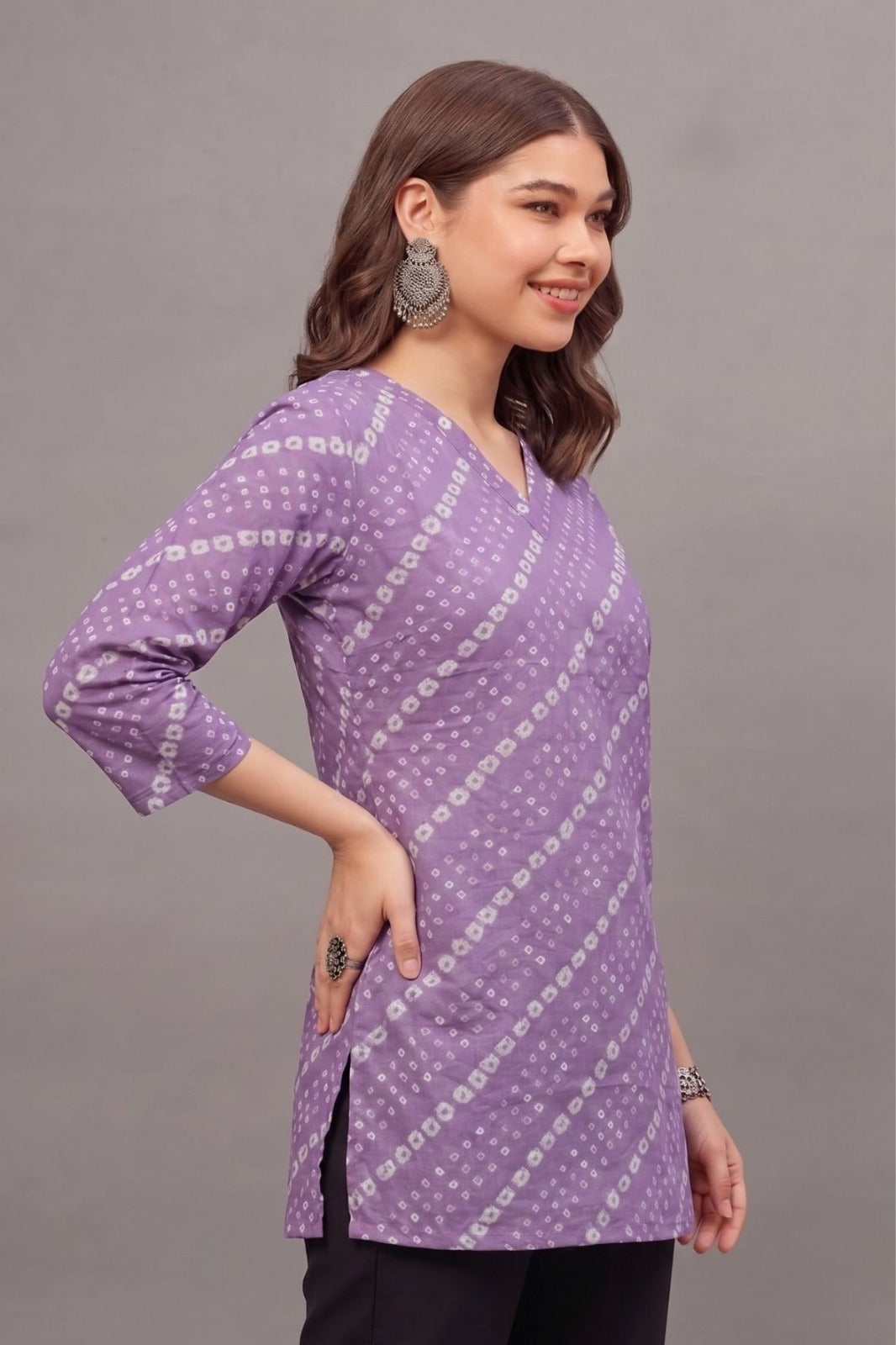 Cotton Purple bandhani Printed short kurti