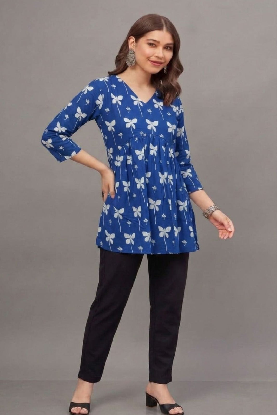 Cotton Blue butterfly Printed short kurti