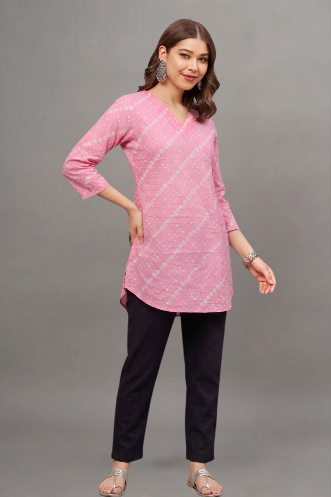 Cotton Pink Bandhej Printed short kurti