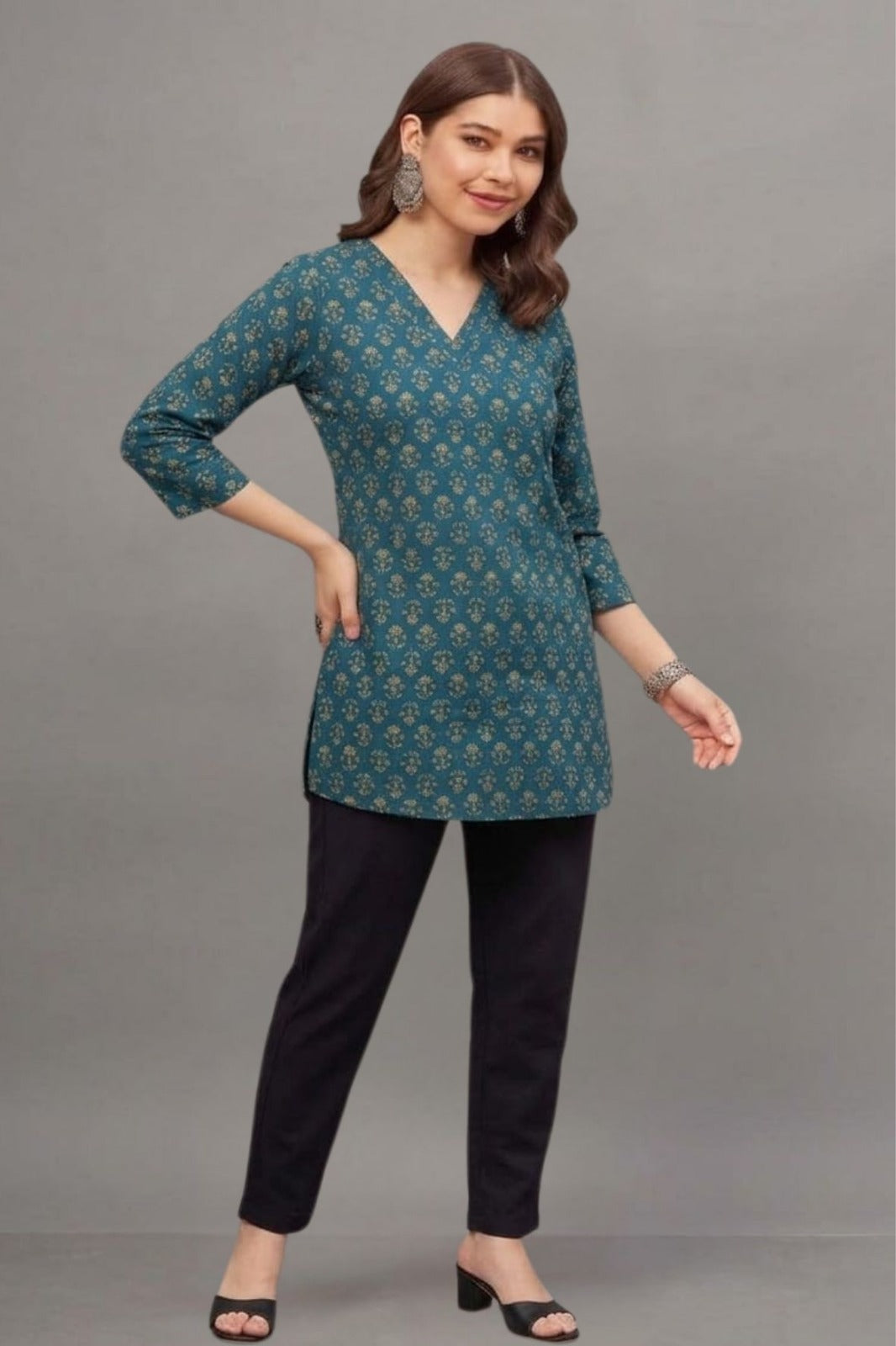 Cotton Teal Floral Printed short kurti