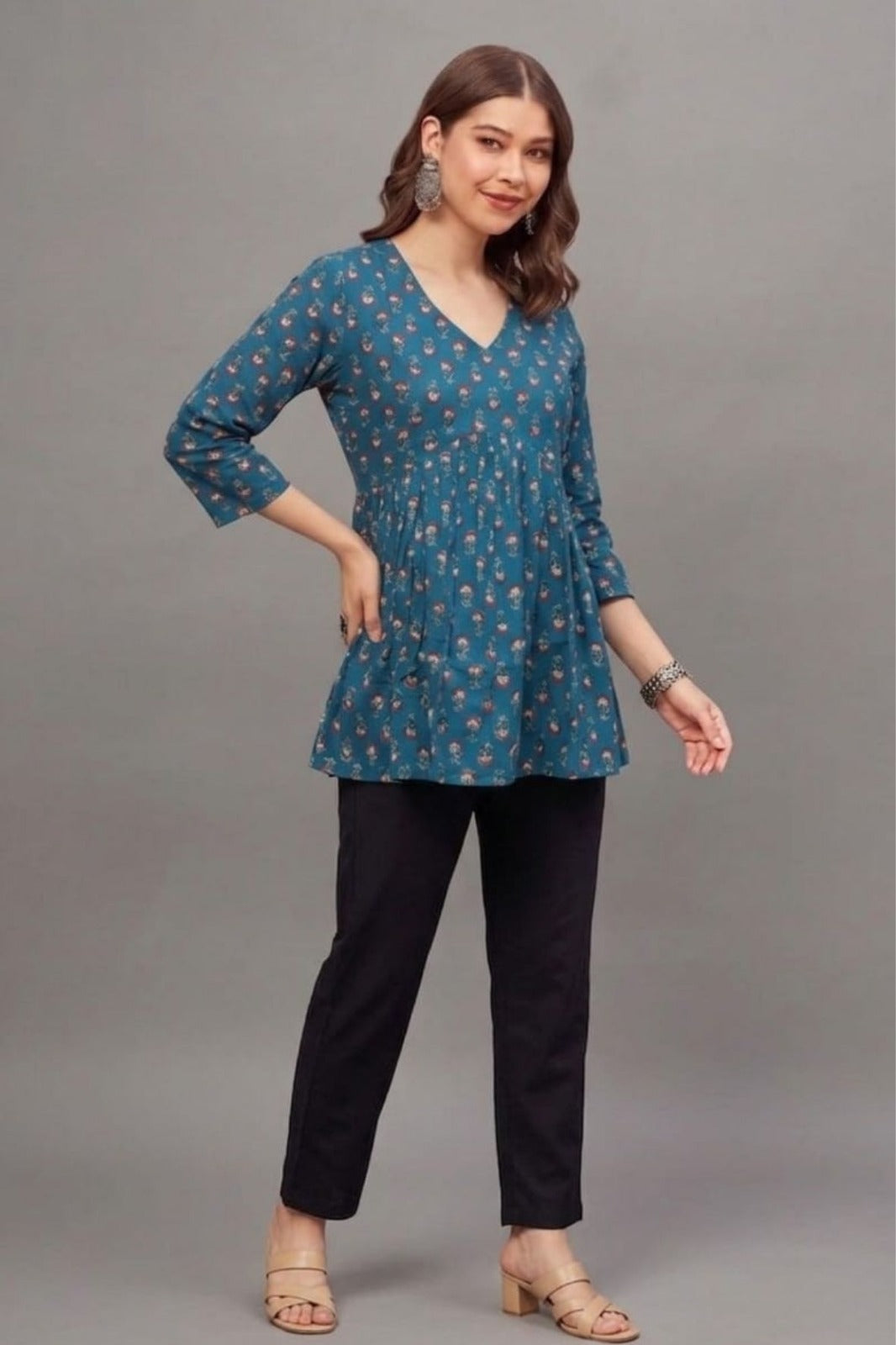 Cotton Teal Blossom Printed short kurti