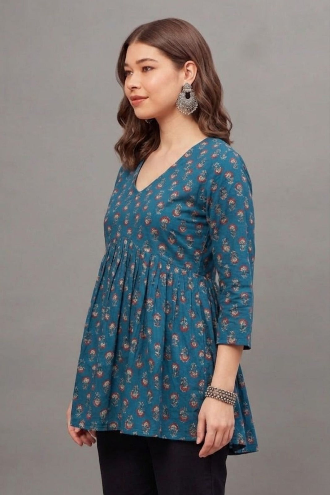 Cotton Teal Blossom Printed short kurti