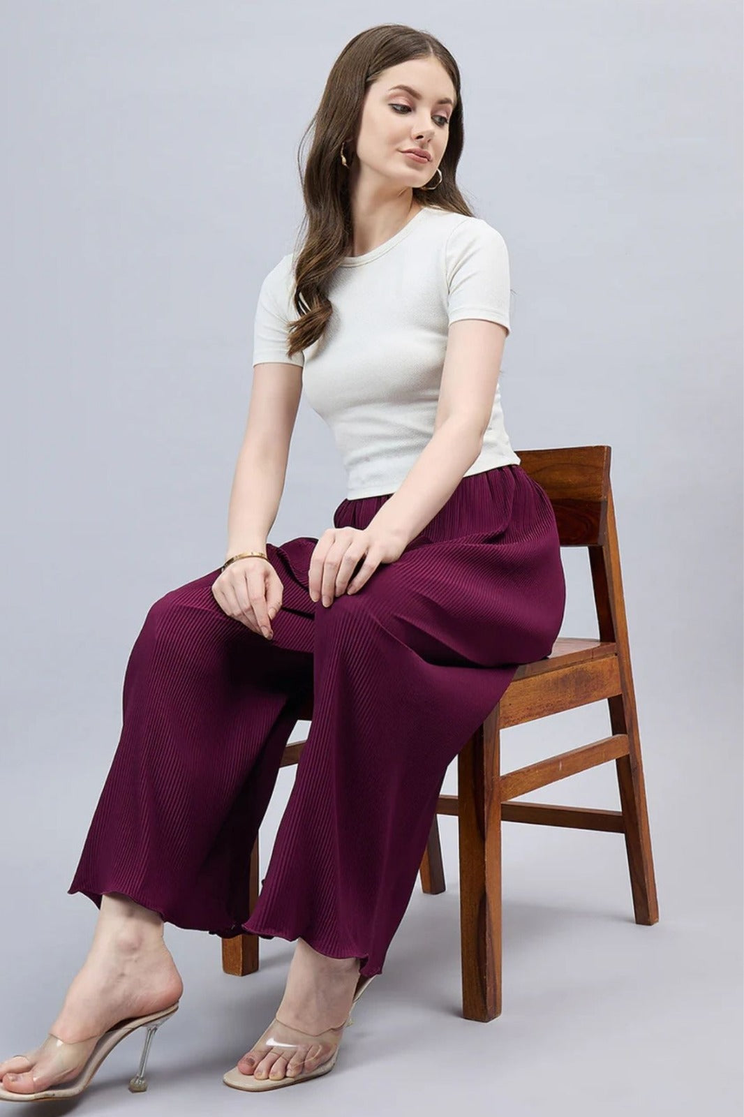 Wine Pleated Chiffon Palazzo