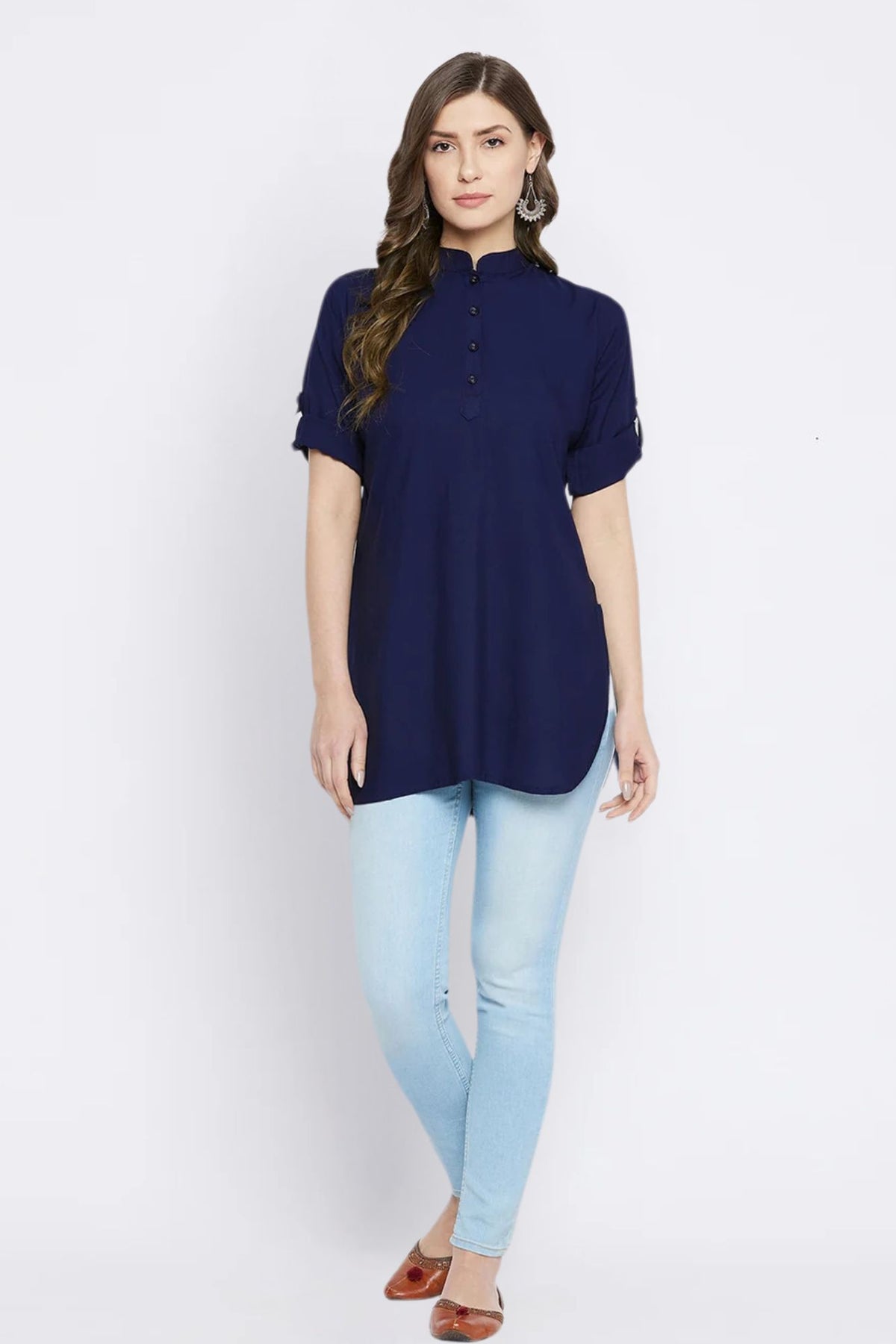 Navy Blue Solid Coloured Short Kurti - 32" Length