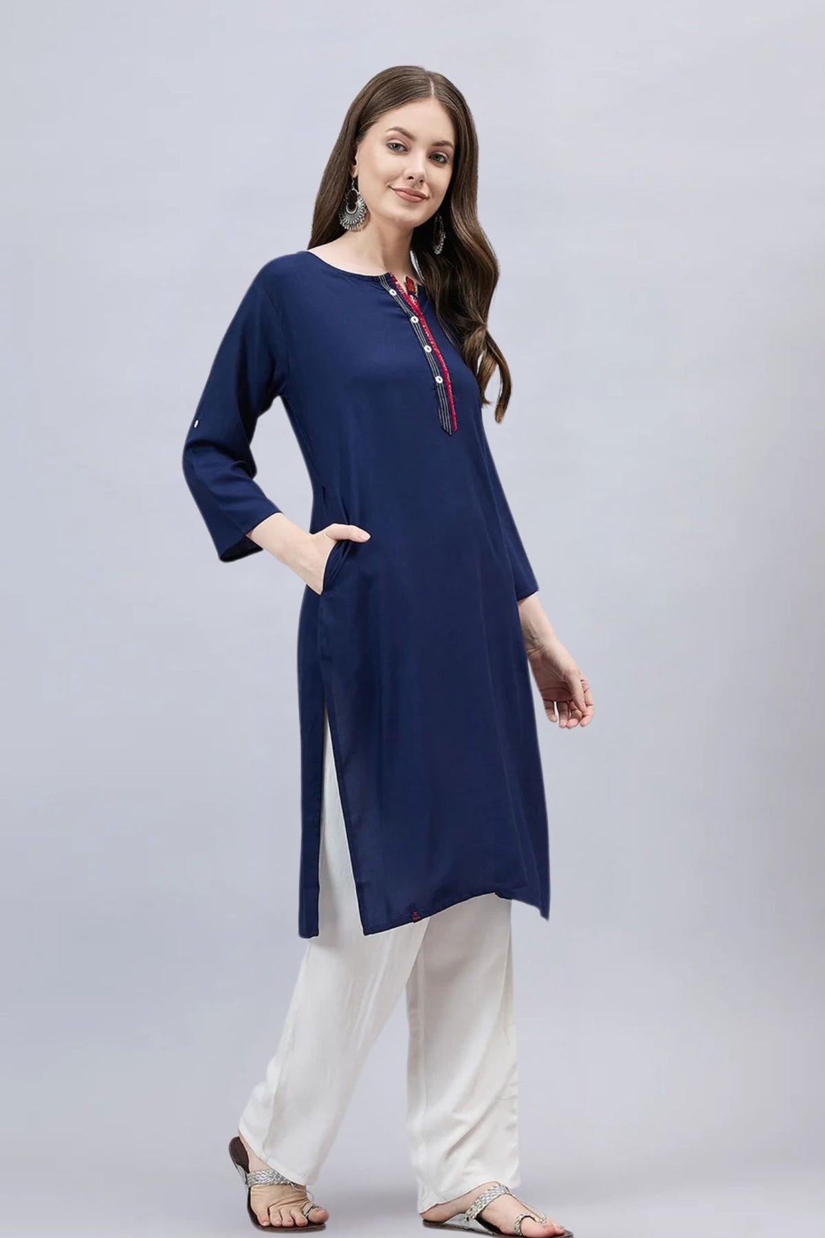 Navy Blue Round Neck Straight Fit Rayon Kurti