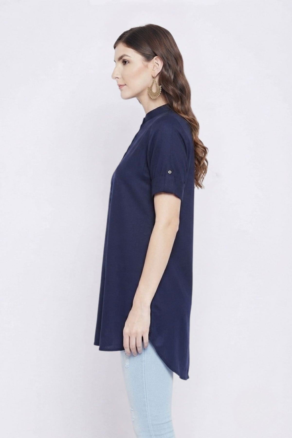 Navy Blue Solid Coloured Short Kurti - 32" Length