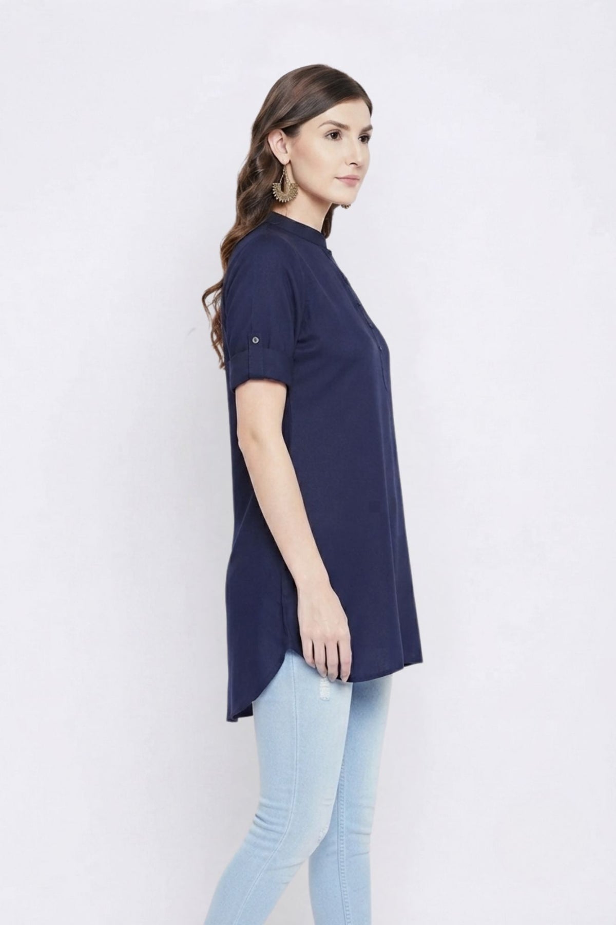 Navy Blue Solid Coloured Short Kurti - 32" Length