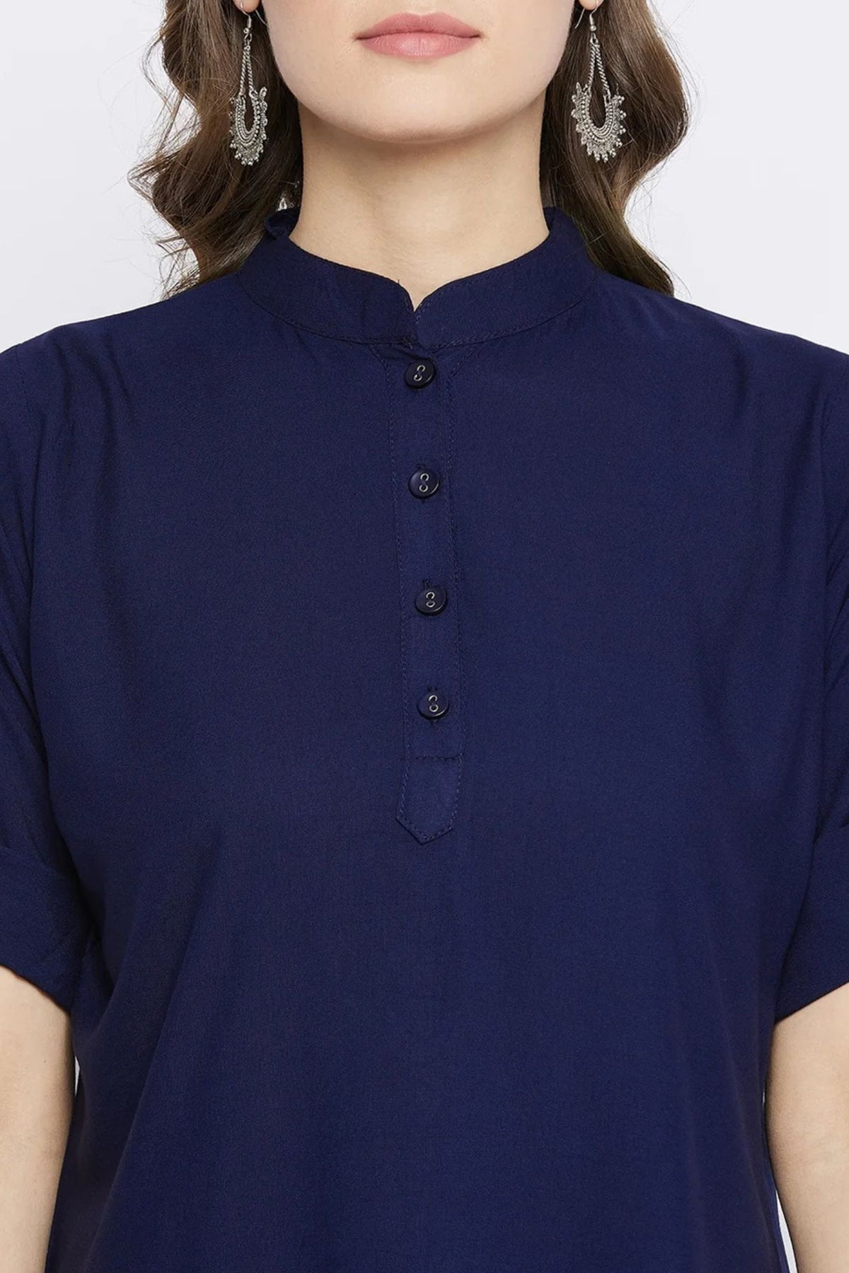 Navy Blue Solid Coloured Short Kurti - 32" Length