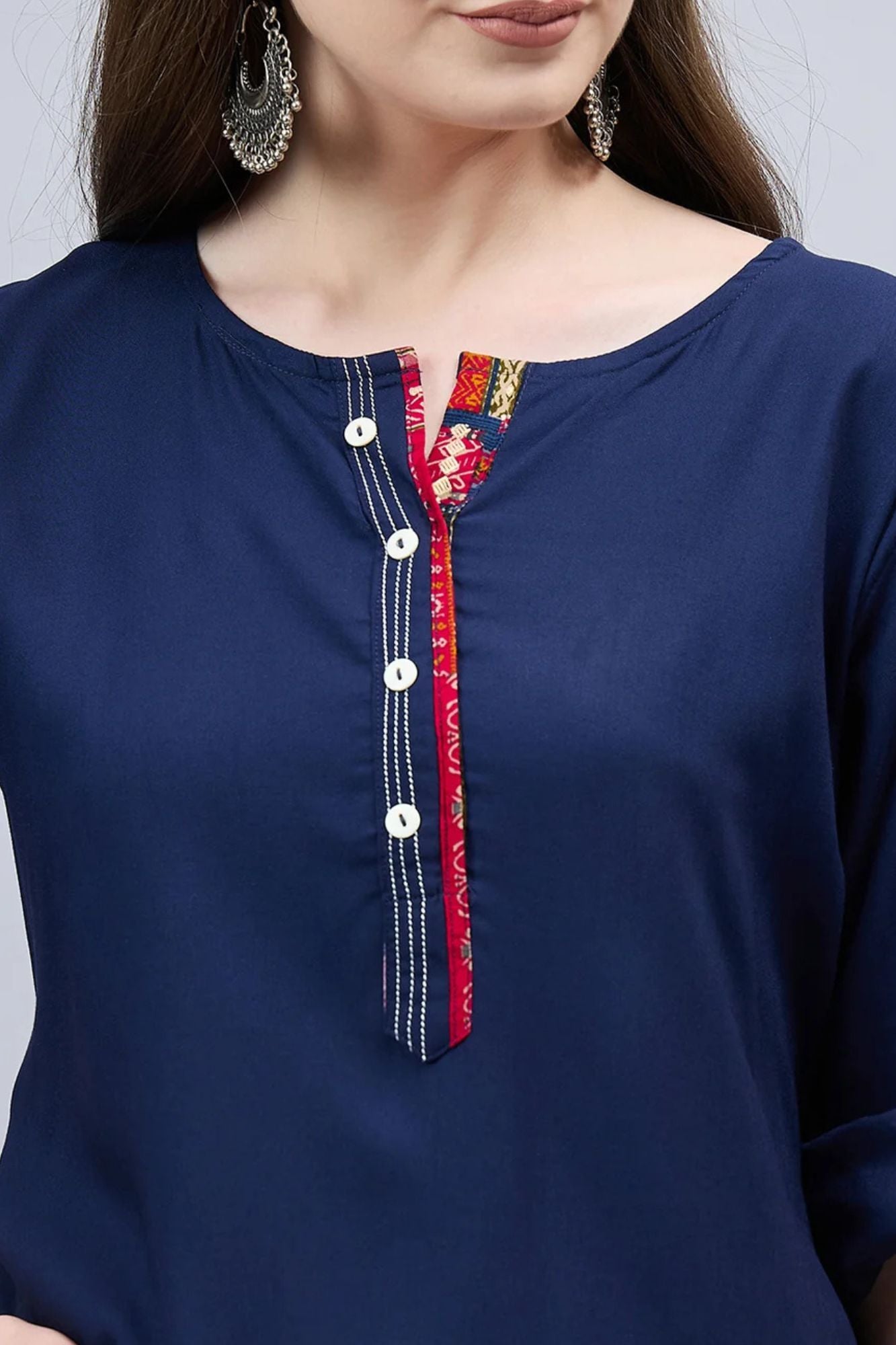 Navy Blue Round Neck Straight Fit Rayon Kurti