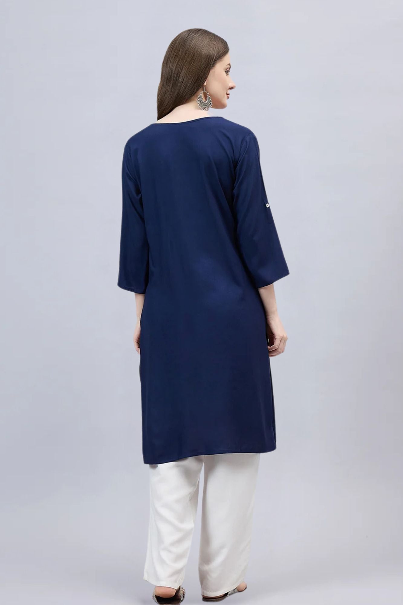 Navy Blue Round Neck Straight Fit Rayon Kurti