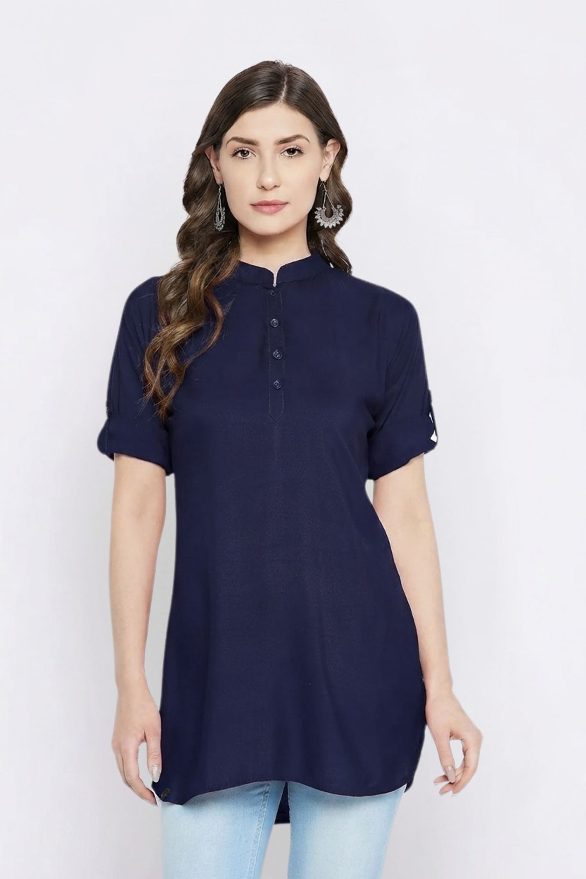 Navy Blue Solid Coloured Short Kurti - 32" Length
