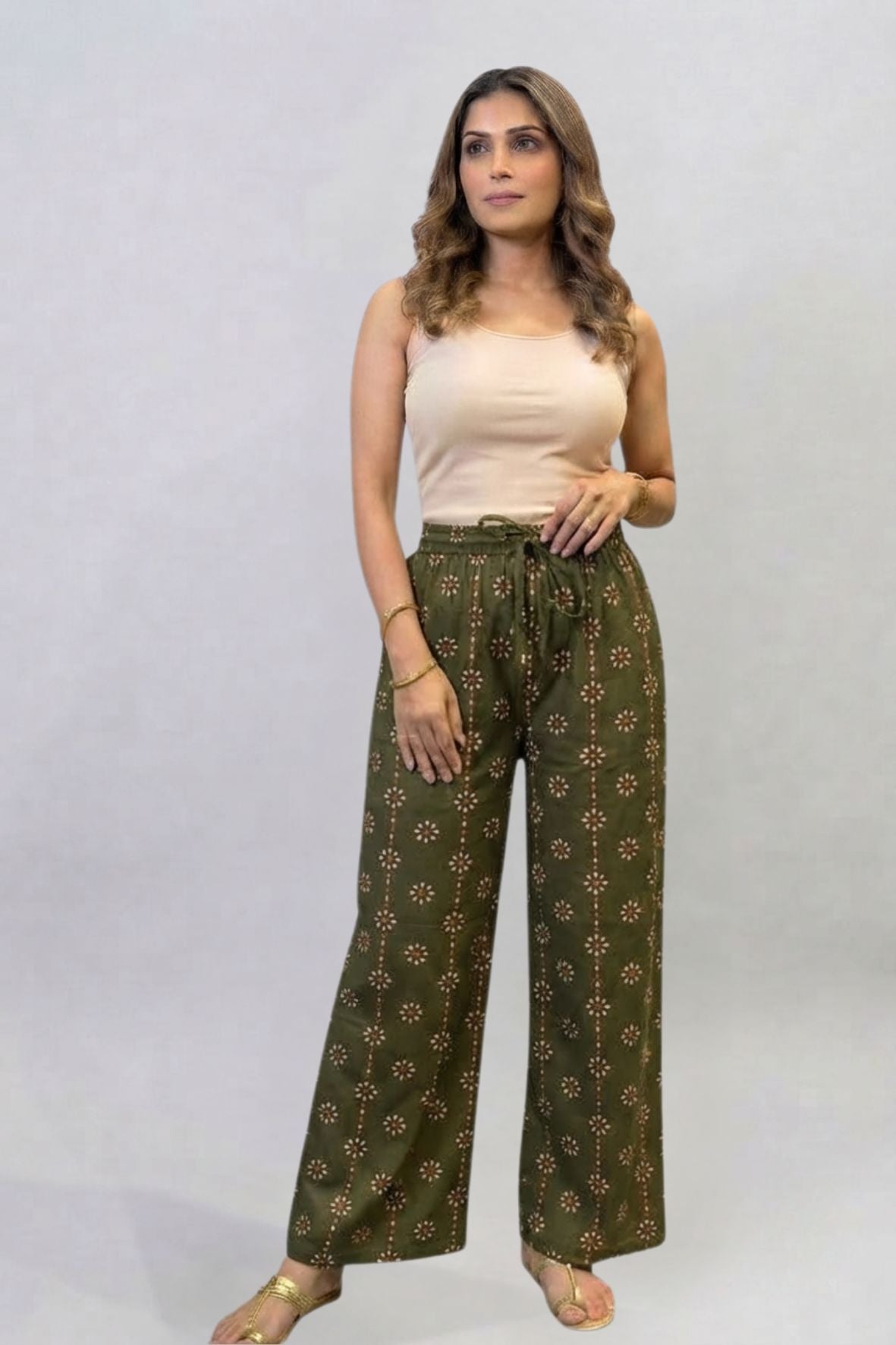 Olive Green Floral Buti Printed Palazzo
