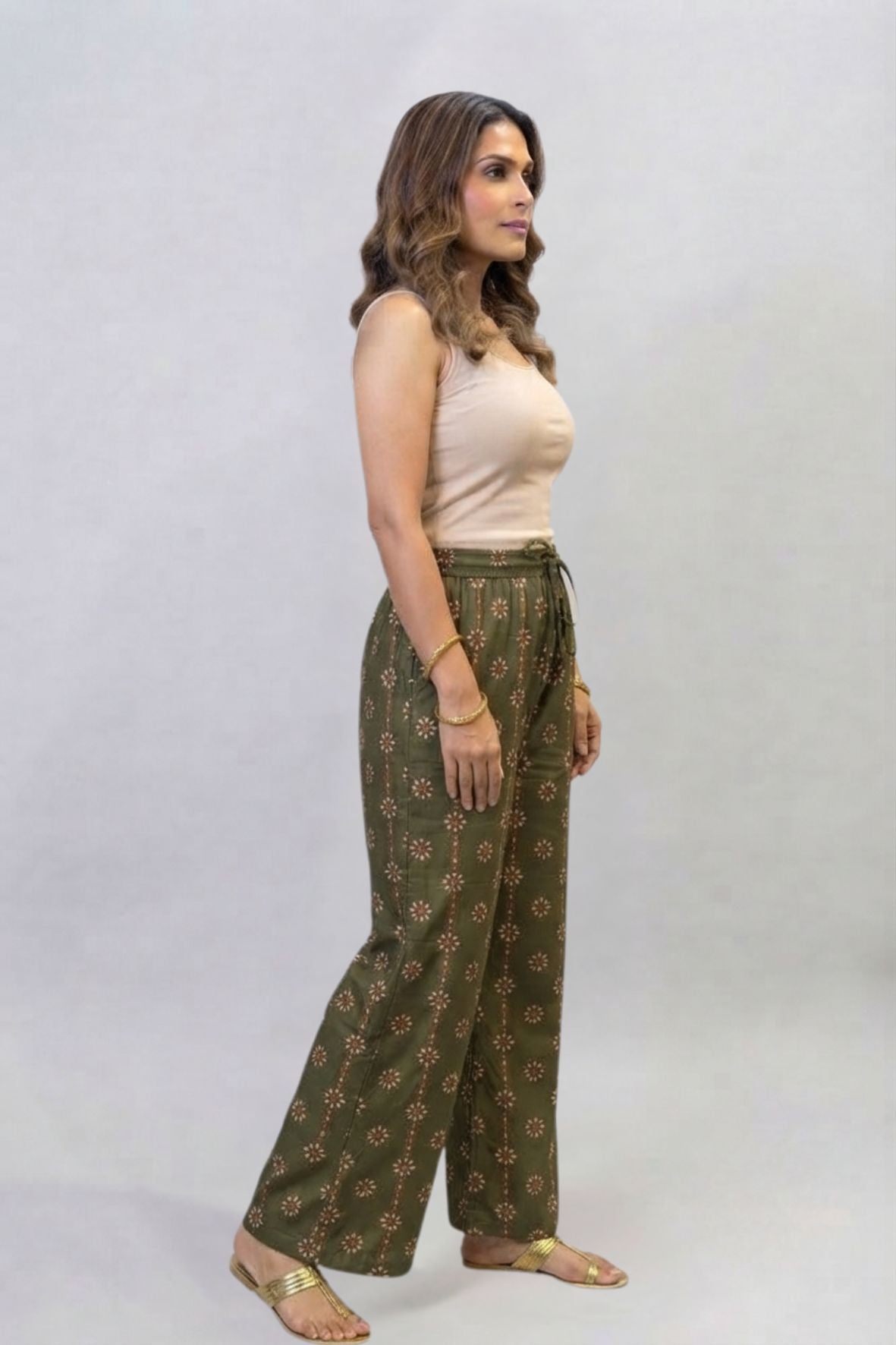 Olive Green Floral Buti Printed Palazzo