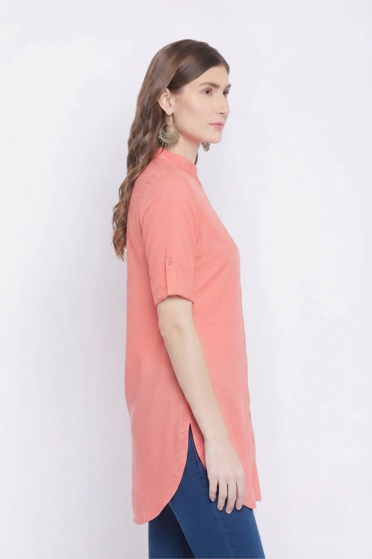 Peach Solid Coloured Short Kurti - 32" Length